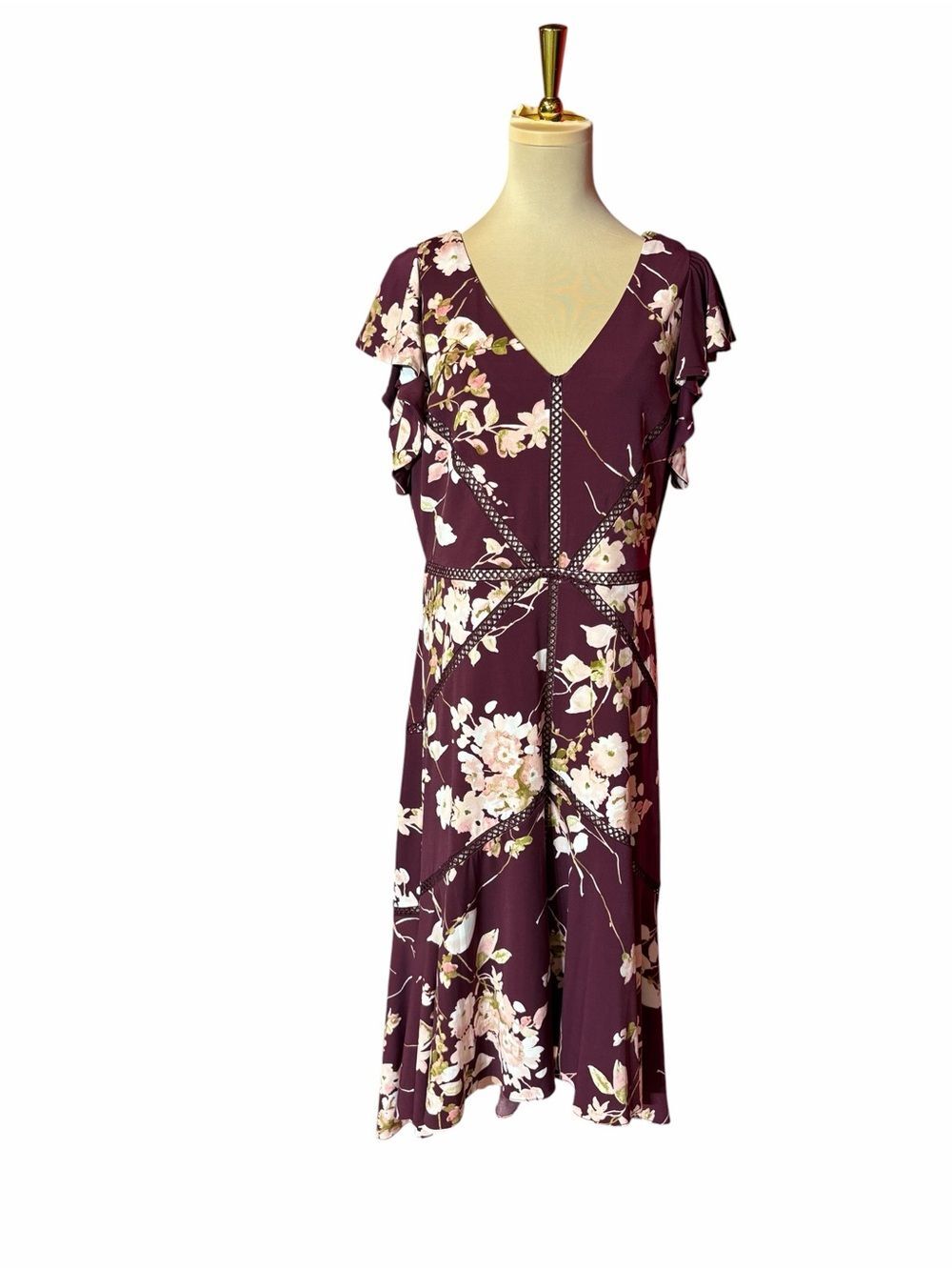 Taylor Plum Floral Flutter Sleeve V-Neck Midi Dress Size 14 Wedding Guest
